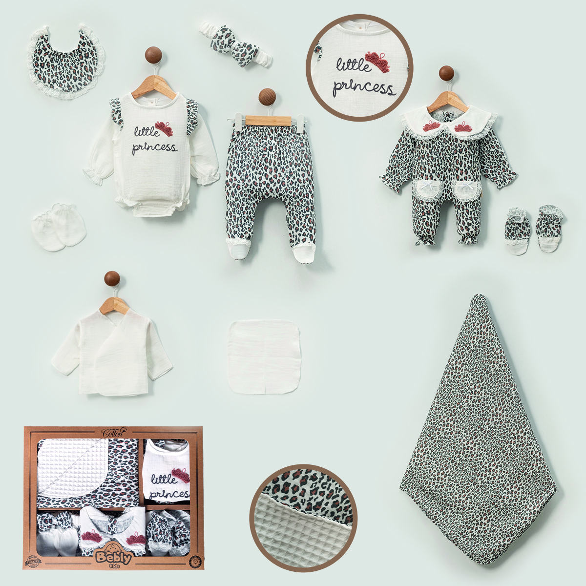 BEBLY KIDS KIZ 0-3 AY LEOPARLI MÜSLİN 10LU SET