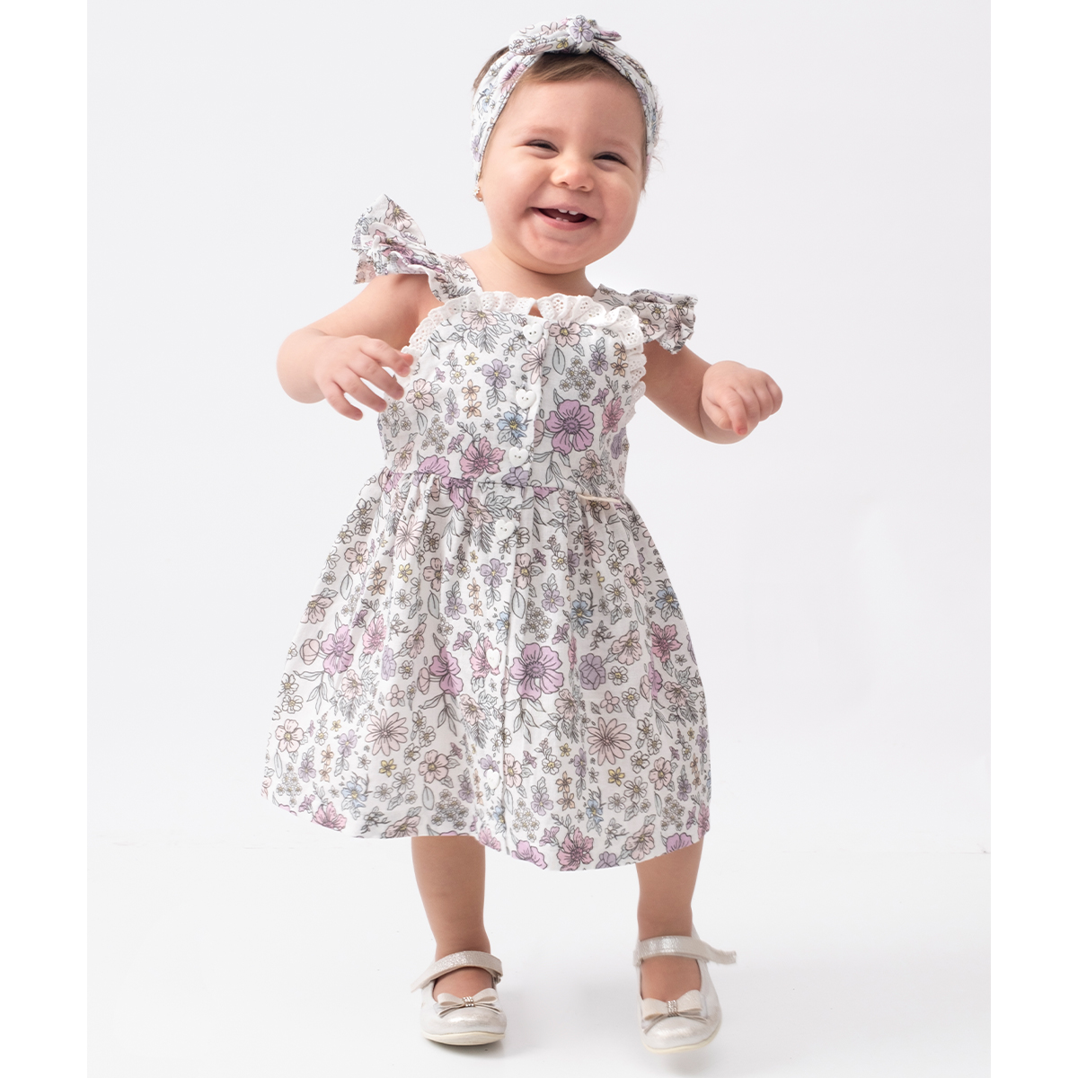 POPSHOPS KIZ 6-9-12-18 AY FİSTOLU DÜĞMELİ ELBİSE