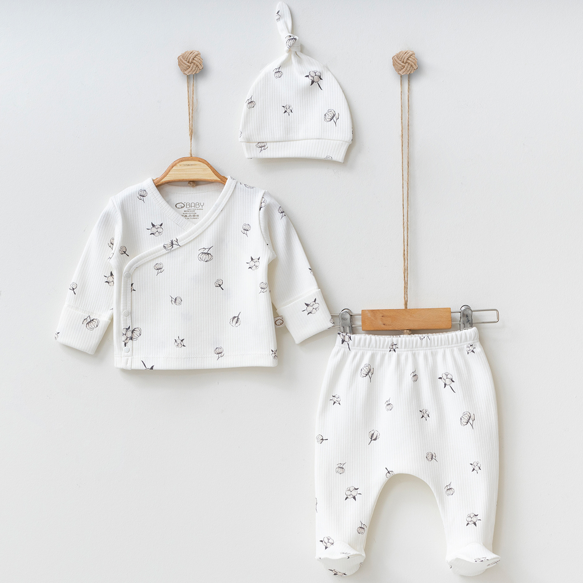 OBABY UNISEX 0-3 AY PAMUK BASKILI 3LÜ SET