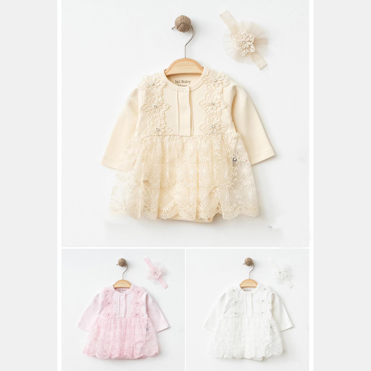 IŞIL BABY KIZ 3-6-9-12 AY DANTELLİ ELBİSE