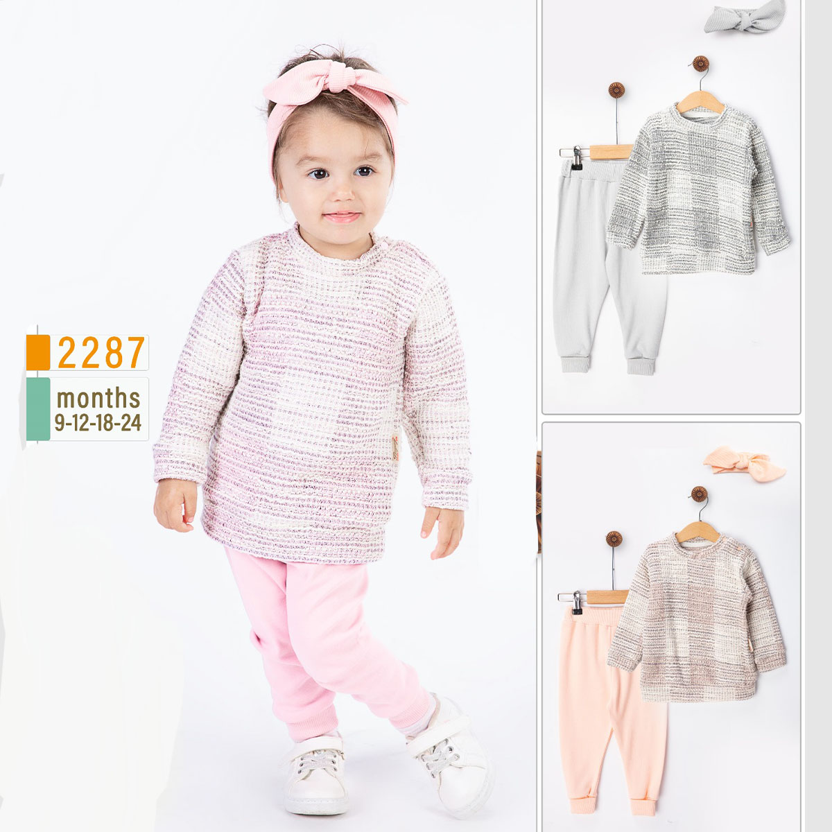 BEYAZ BEBEK KIZ 9-12-18-24 AY TRİKO KARELİ TAKIM