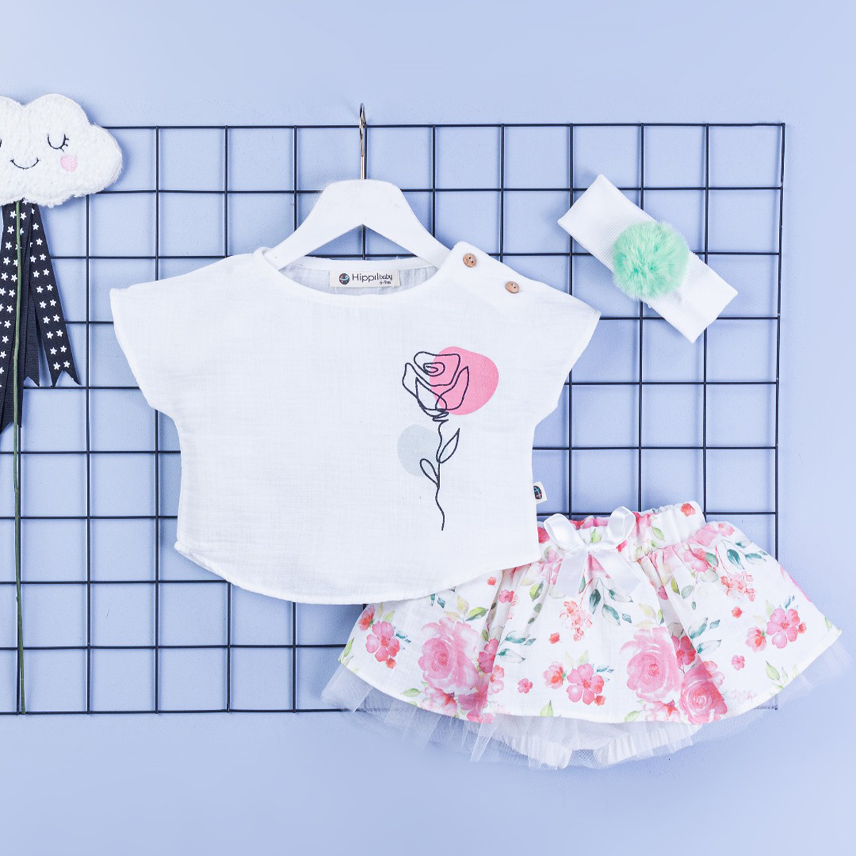 HİPPIL KIZ 9-12-18 AY GÜL BASKILI BANDANALI TAKIM