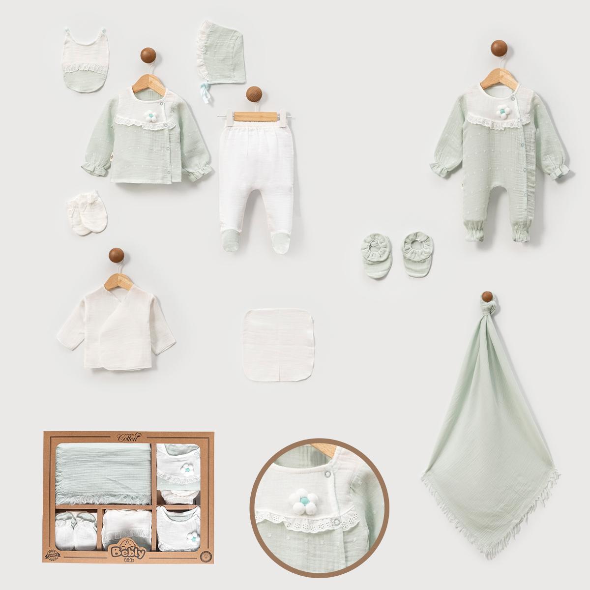 BEBLY KIDS KIZ 0-3 AY PONPONLU MÜSLİN 10LU SET