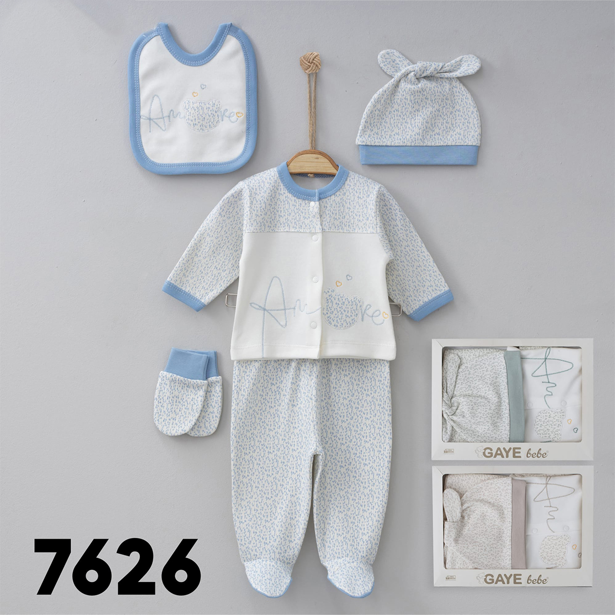 GAYE BEBE UNISEX 0-3 AY AMORE NAKIŞLI 5Lİ SET