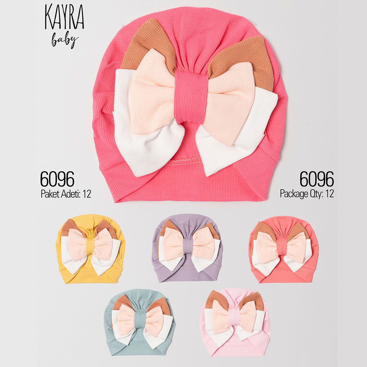 KAYRA BABY KIZ 3-6-9 AY ÜÇ KAT FİYONKLU BONE 12Lİ
