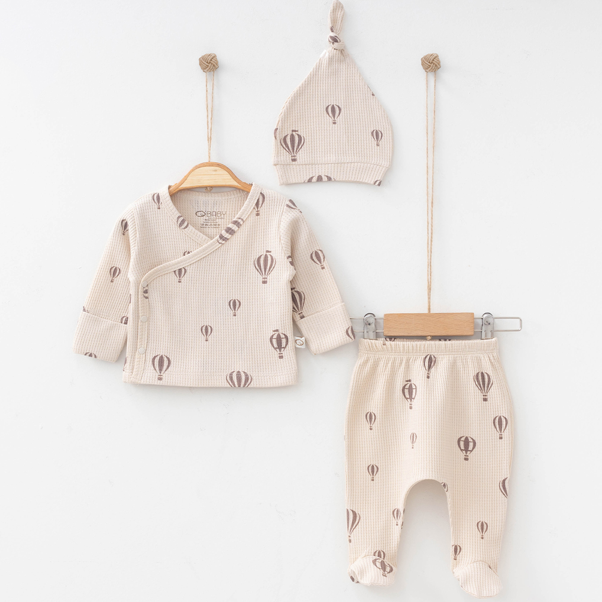 OBABY UNISEX 0-3 AY BALON BASKILI WAFFLE 3LÜ SET