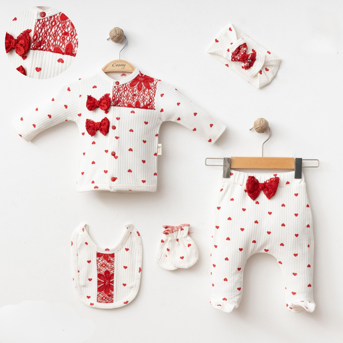 COŞAY BEBE KIZ 0-3 AY KALPLİ DANTELLİ 5Lİ SET