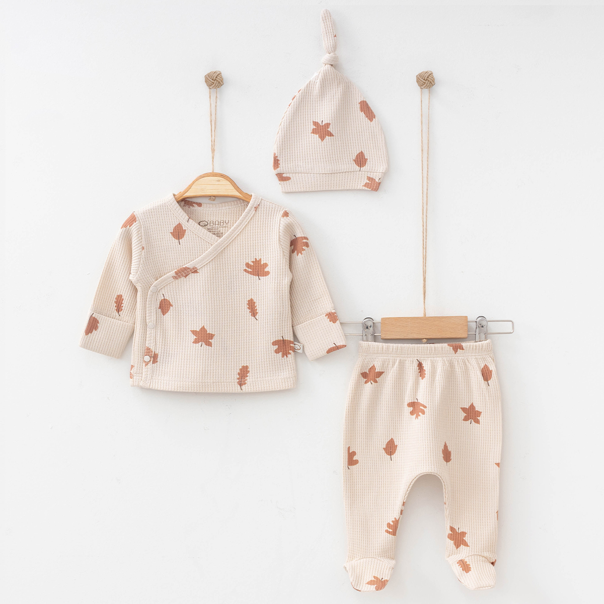 OBABY UNISEX 0-3 AY YAPRAK BASKILI WAFFLE 3LÜ SET
