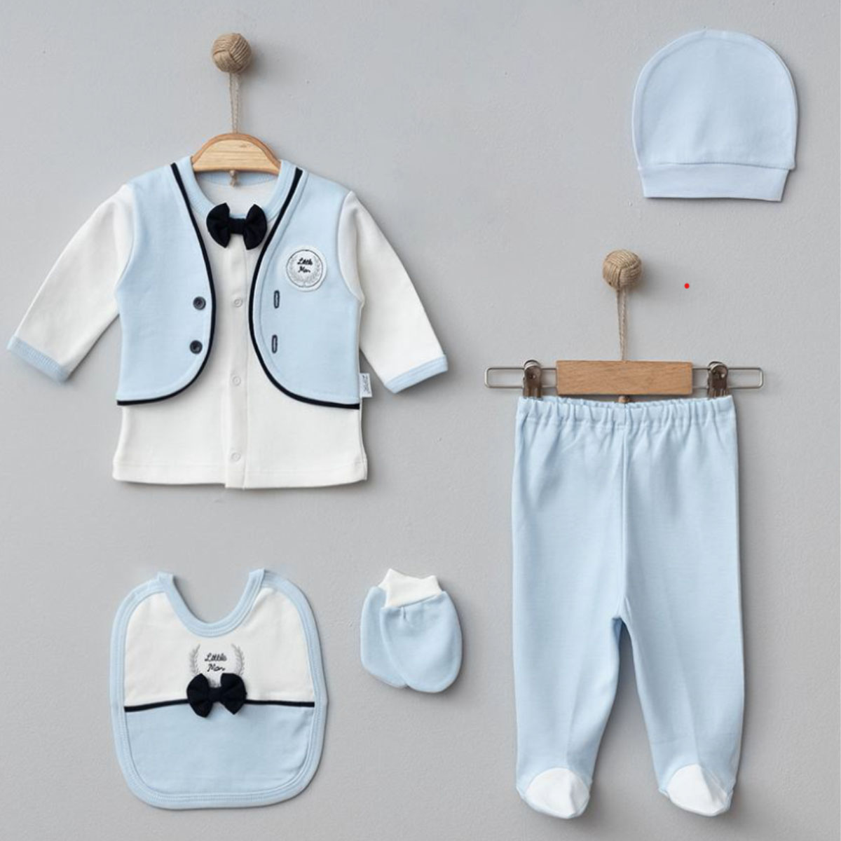 ZIPIR ERKEK 0-3 AY LITTLE MAN PAPYONLU 5Lİ SET