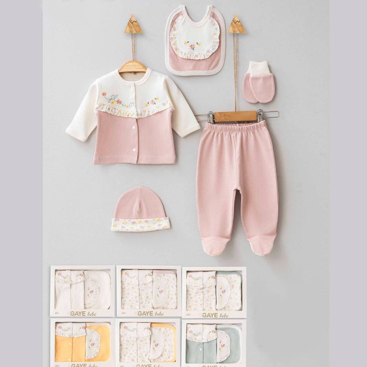 GAYE BEBE KIZ 0-3 AY ÇİÇEK NAKIŞLI 5Lİ SET