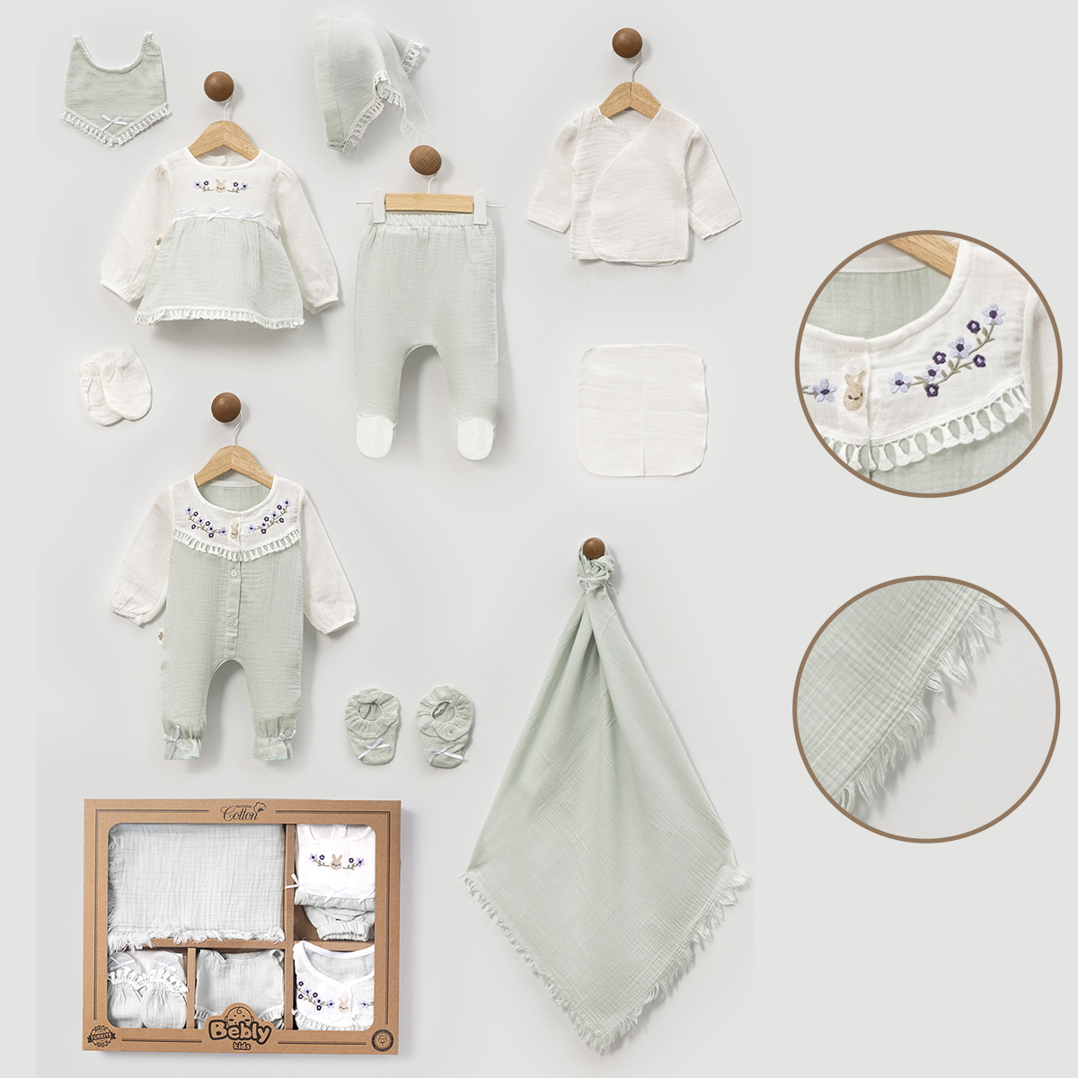 BEBLY KIDS KIZ 0-3 AY ŞERİT PÜSKÜL MÜSLİN 10LU SET