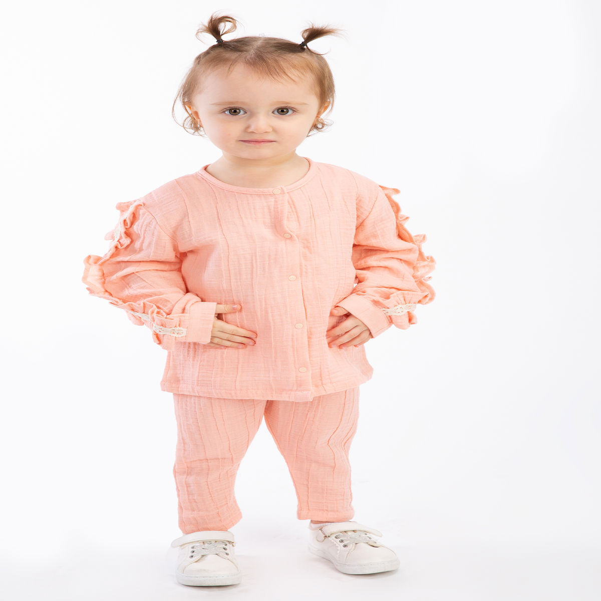 BEYAZ BEBEK KIZ 9-12-18-24 AY KOLU SÜSLEMELİ TAKIM