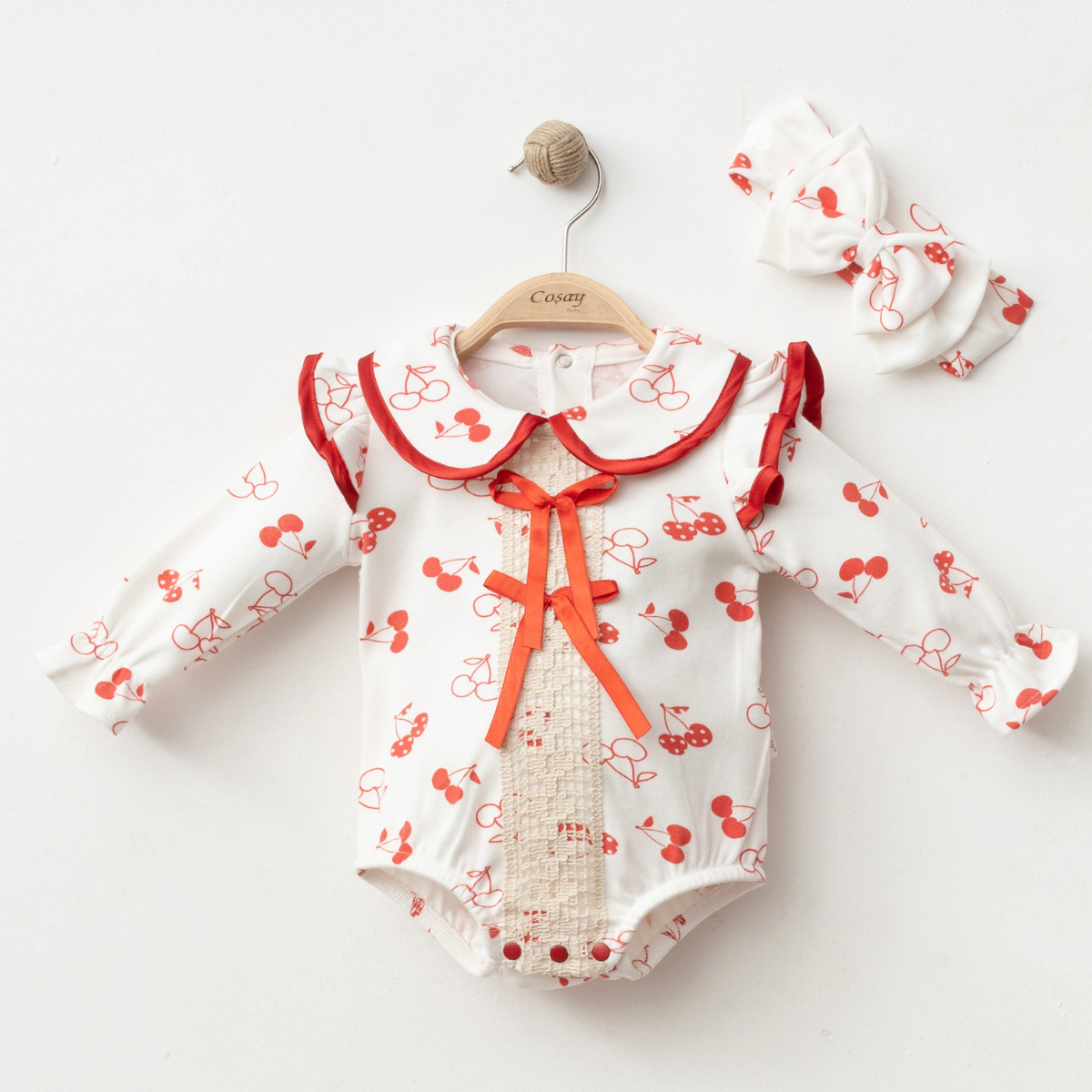 COŞAY BEBE KIZ 3-6-9 AY KİRAZLI FİYONKLU ROMPER