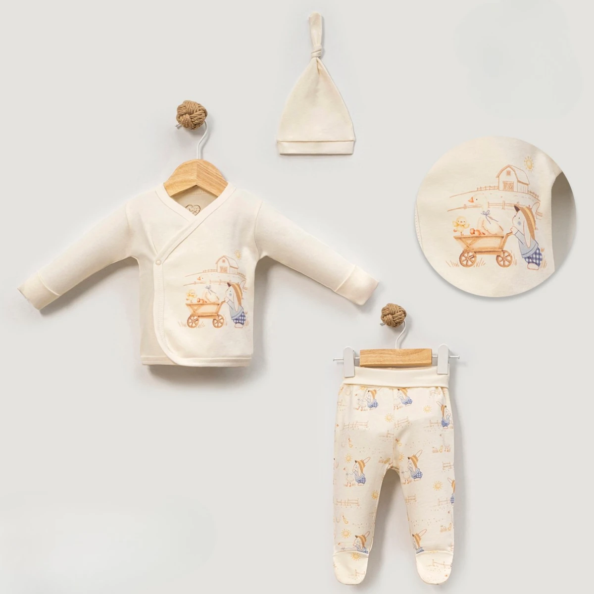 ESYA BABY UNISEX 0-3 AY ÇİFLİK DESEN 3LÜ SET