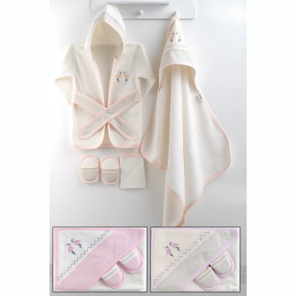 GAYE BEBE KIZ 0-12 AY FLAMİNGO BEBE BORNOZ SET