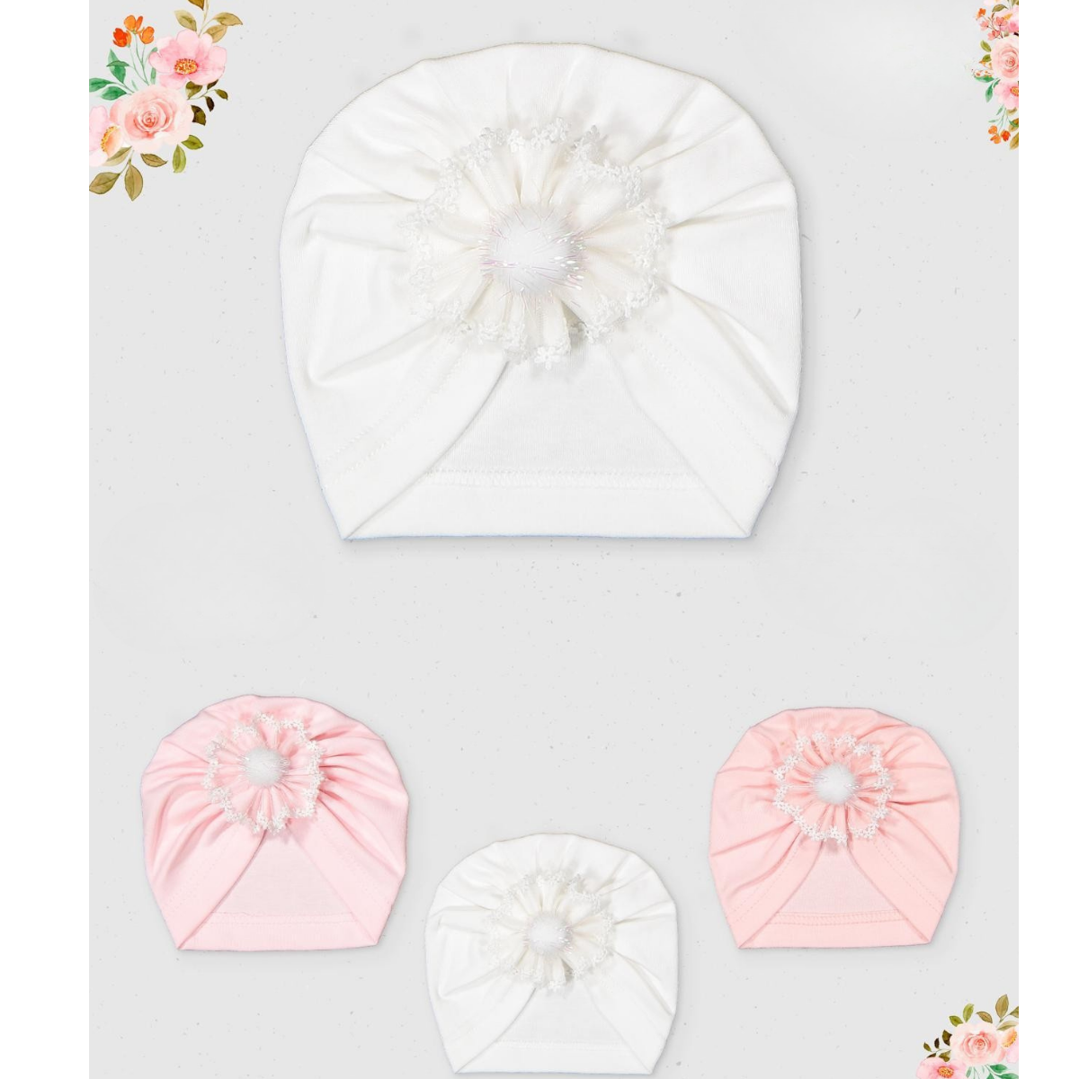 KAYRA BABY KIZ PONPONLU ÇİÇEKLİ BONE 12Lİ