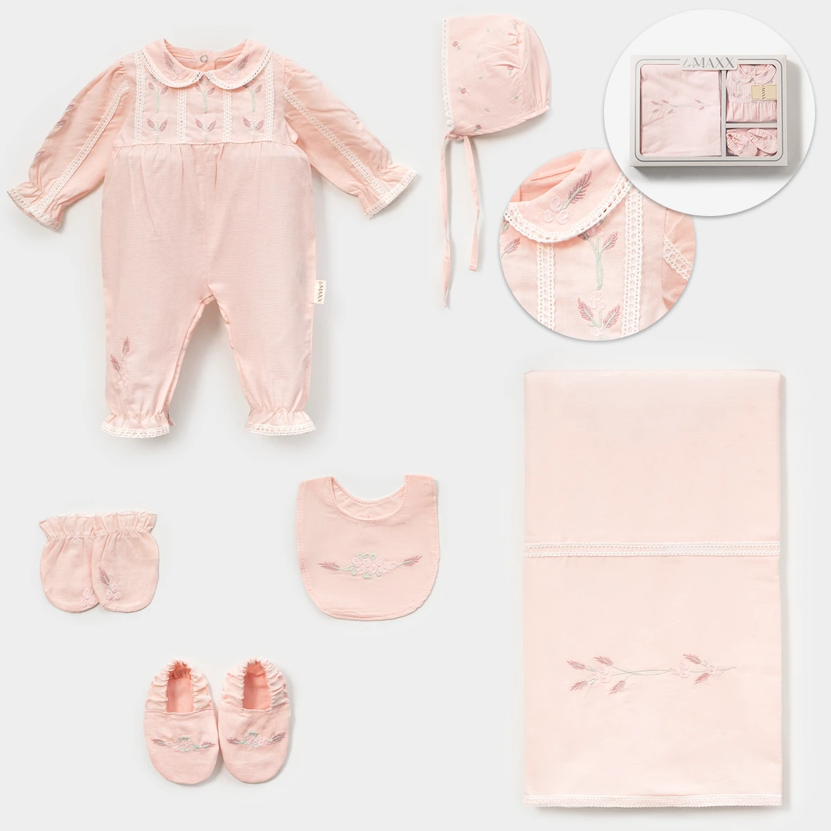 LOVEMAXX KIZ 0-3 AY ÇİÇEK NAKIŞLI KUTULU 6LI SET