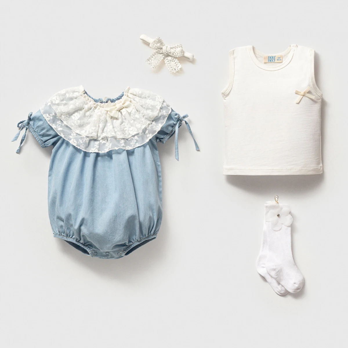 NOYNOY KIZ 3-6 AY DANTEL YAKA KOT ROMPERLİ TAKIM