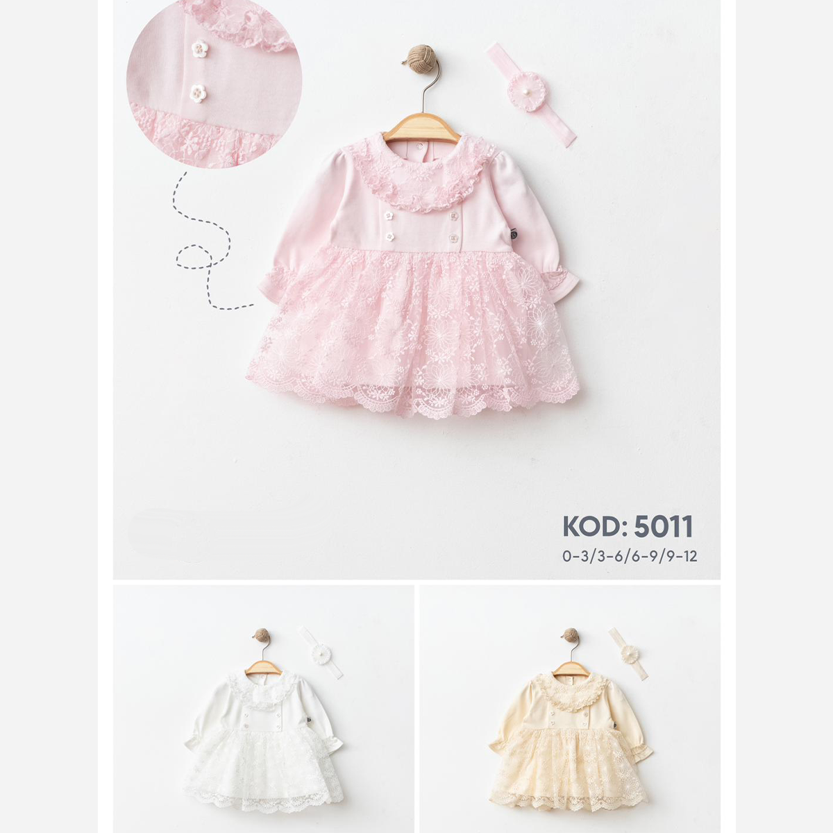 IŞIL BABY KIZ 3-6-9-12 AY DANTELLİ ELBİSE