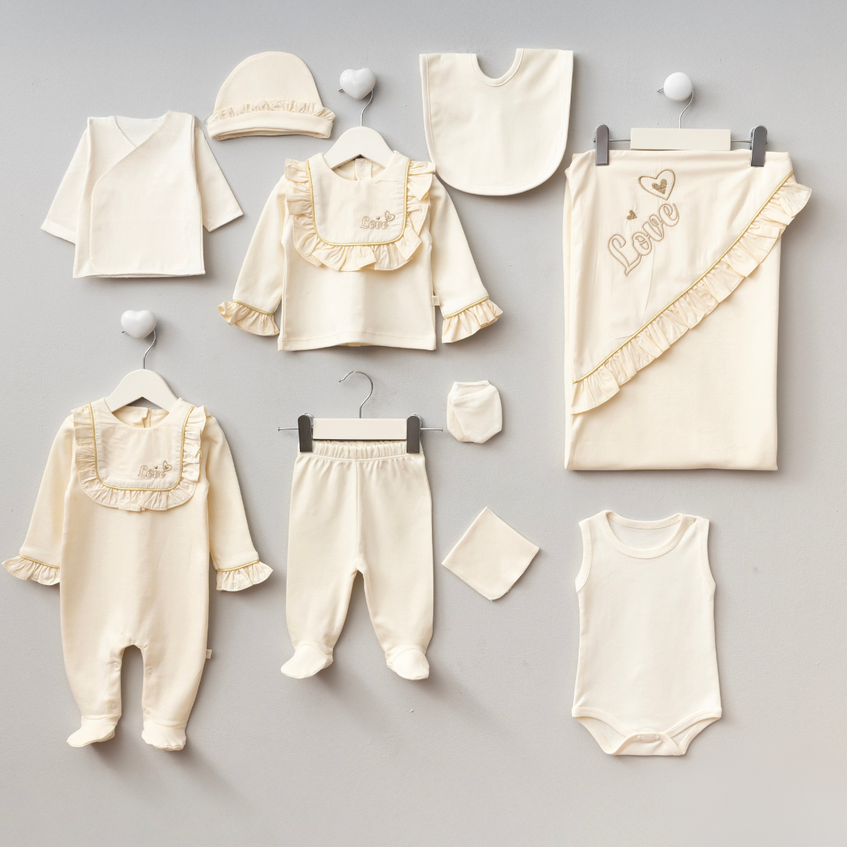 PUGİ KIZ 0-3 AY KALPLİ LOVE NATUREL 10LU SET