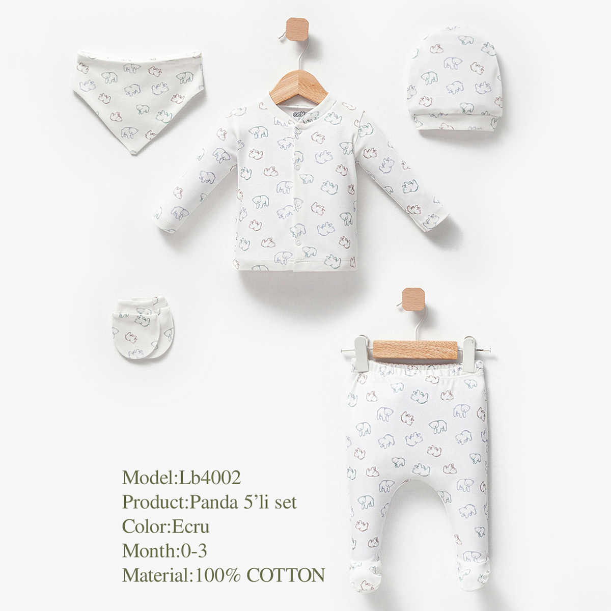 ESYA BABY UNISEX 0-3 AY RENKLİ PANDALI 5Lİ SET