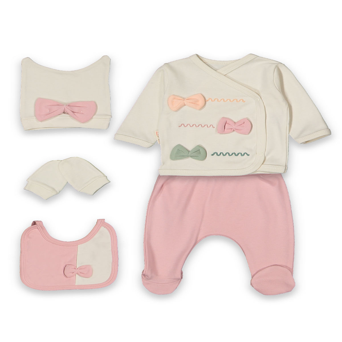 BEYAZ BEBEK KIZ 0-3 AY FİYONKLU NAKIŞLI 5Lİ SET