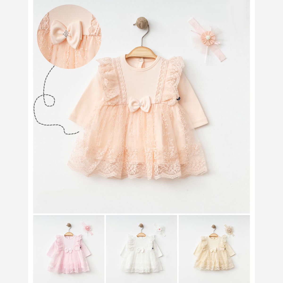 IŞIL BABY KIZ 3-6-9-12 AY DANTELLİ FİYONKLU ELBİSE