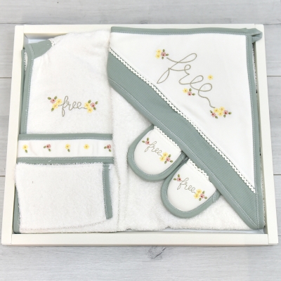 GAYE BEBE KIZ 0-12 AY ÇİÇEK NAKIŞLI BORNOZ SET