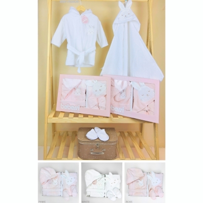 BEBESSİ KIZ 0-12 AY TAVŞANLI KUTULU BORNOZ SET
