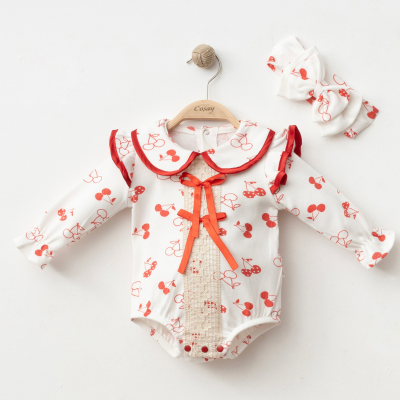 COŞAY BEBE KIZ 3-6-9 AY KİRAZLI FİYONKLU ROMPER