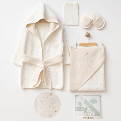 GAYE BEBE UNISEX 0-12 AY ÖRDEKLİ BORNOZ SET