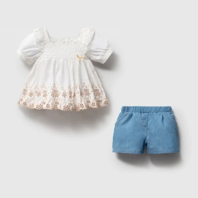 NOYNOY KIZ 9-24 AY GİPE DETAY BLUZ SHORT TAKIM