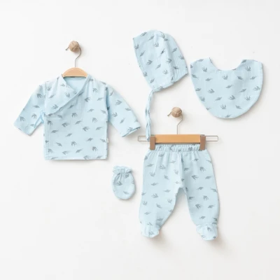 OBABY ERKEK 0-3 AY MÜSLİN KUŞ BASKILI 5Lİ SET