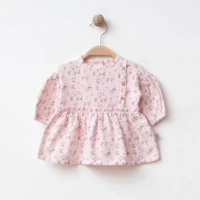 OBABY KIZ 3-6-9-12 AY MÜSLİN ÇİÇEK BASKILI ELBİSE