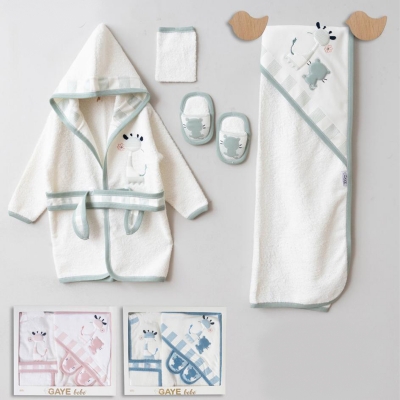 GAYE BEBE UNISEX 0-12 AY ZÜRAFA KEDİ BORNOZ SET